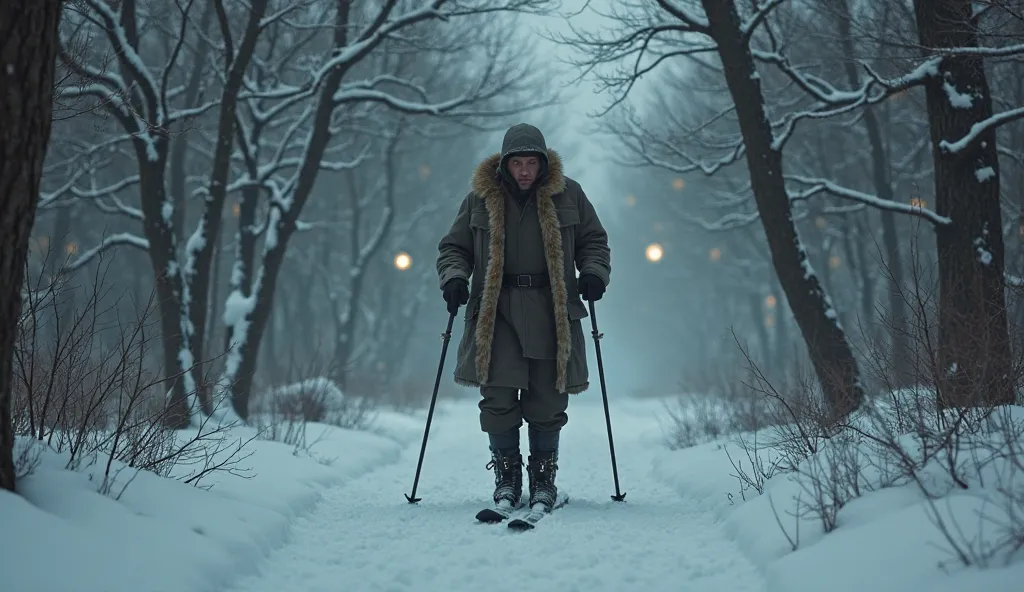  An experienced Soviet skier on a winter hike at a medium distance from the camera. The photo shows a creepy dark forest, eyes in the forest.