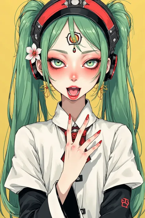 (has the best quality, sketch:1.2),practical,Illustrator ,cunning， Japanese cartoon ,1 girl,  Hatsune Miku ，detailed lips, hand，Off Shoulder， Neon long hair , high ponytail green ， masterpiece,  This style is retro, DJ