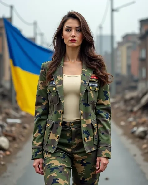 a young buxom brunette with very large breasts is wearing a business suit consisting of a cream shirt, a tank top painted as a pixelated military uniform of Ukraine, a jacket painted as a military uniform of Ukraine and pixelated pants as a military unifor...