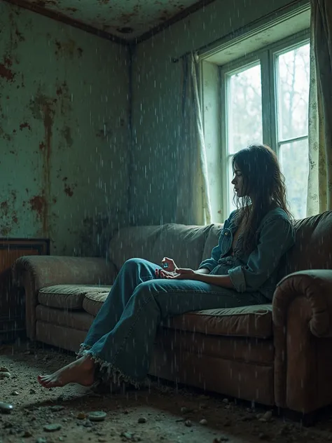 Homeless woman zombie monster jeans mega-flare sitting on the old couch in the abandoned house a lot of rain