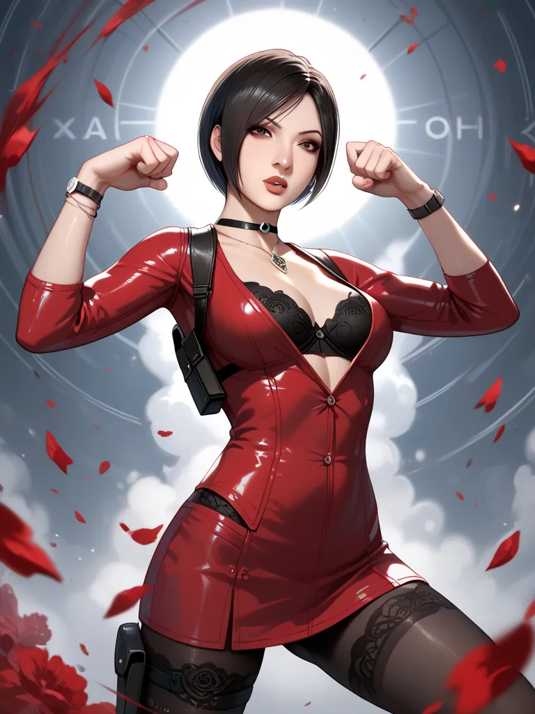 Ada Wong from resident evil, beautiful, in cleavage, slender,sexy, action pose, digital art