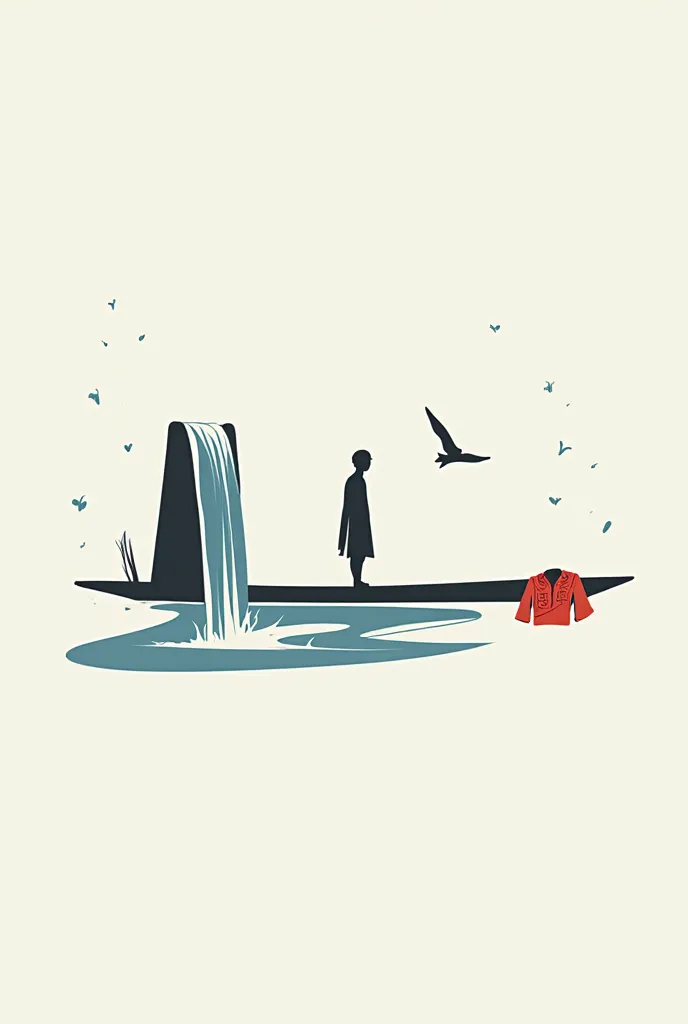 logo. Отдельно figure водопада, bird and a long raft with red embroidered shirt.  Minimalist style, figure 