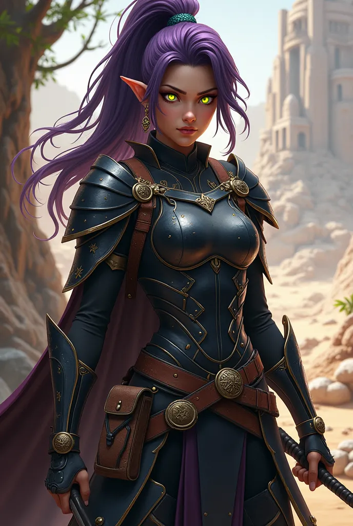 A powerful hybrid warrior with a mix of mystical strength and adventurous spirit. This character has dark violet hair with streaks of sandy blonde, styled in a high ponytail, and glowing amber-green eyes that flicker with determination. They wear a sleek b...