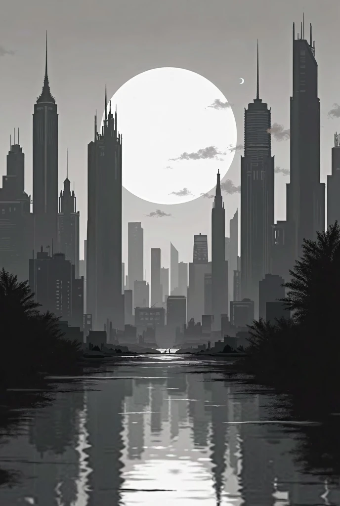 •	Urban Dusk: Illustrate a city skyline black and white with the moon and minimalist details.