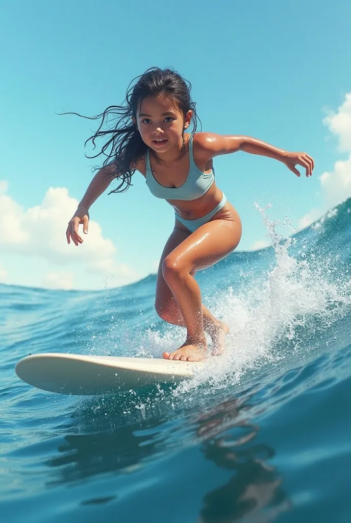 A girl riding a board in the sea a very realistic image