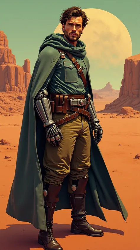 ( masterpiece，Mirror effect，Cinematic Experience), Ultra High Resolution,  Super Fine ,(Handsome Man),(Retro Future),Delicate Facial , (Robotic Arm),(Worn-out cloak:2.0),(The background is an abstract desert planet),(sci-fi),((American comic style))