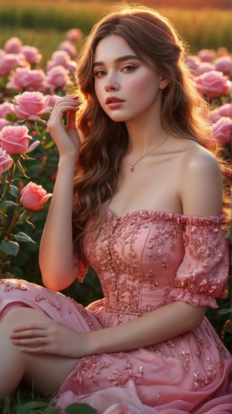 8k,  very detailed hands and face, peach-skinned beautiful girl with pink cheeks,   Loose hair   , body full of extreme and beautiful details, cute legs ,  sitting in a field of beautiful roses , sunset ,   long red dress ,  face of bright colors ,  natura...