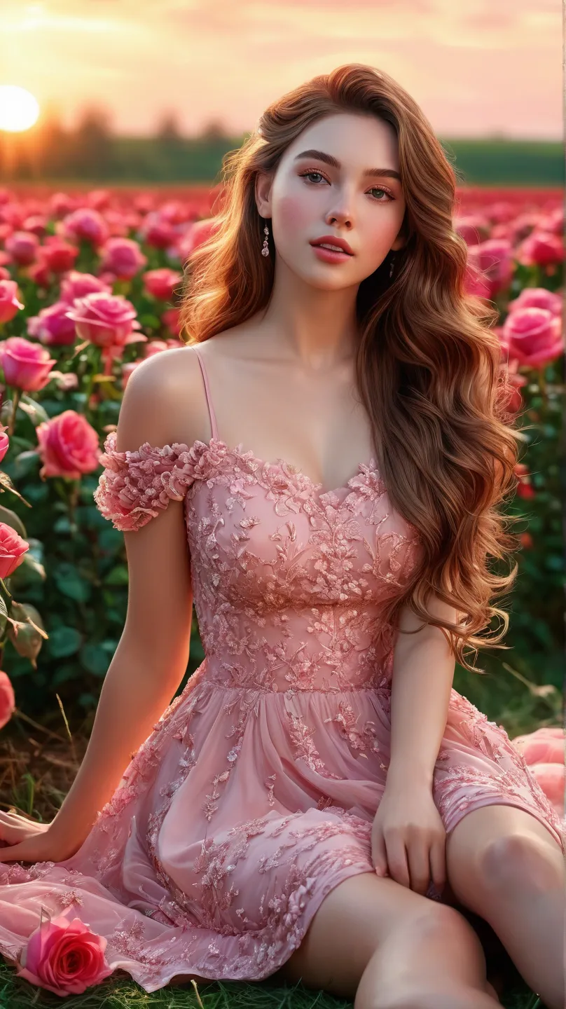 8k,  very detailed hands and face, peach-skinned beautiful girl with pink cheeks,   Loose hair   , body full of extreme and beautiful details, cute legs ,  sitting in a field of beautiful roses , sunset ,   long red dress ,  face of bright colors ,  natura...