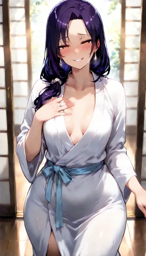 (masterpiece, Highest_quality:1.2), 1 girl, Alone, mature woman, tsub, long hair,  purple hair, (housewife:1.5, ring, robe, wedding ring), beautiful eyes, focusing on women, watching viewers, ,  very small breasts, Chest, wide hips, (front view:1.5) ((clos...