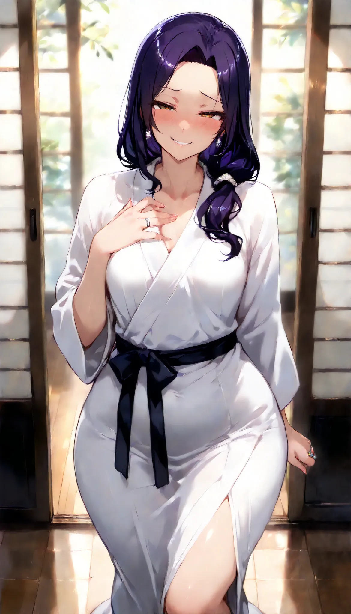 (masterpiece, Highest_quality:1.2), 1 girl, Alone, mature woman, tsub, long hair,  purple hair, (housewife:1.5, ring, robe, wedding ring), beautiful eyes, focusing on women, watching viewers, ,  very small breasts, Chest, wide hips, (front view:1.5) ((clos...