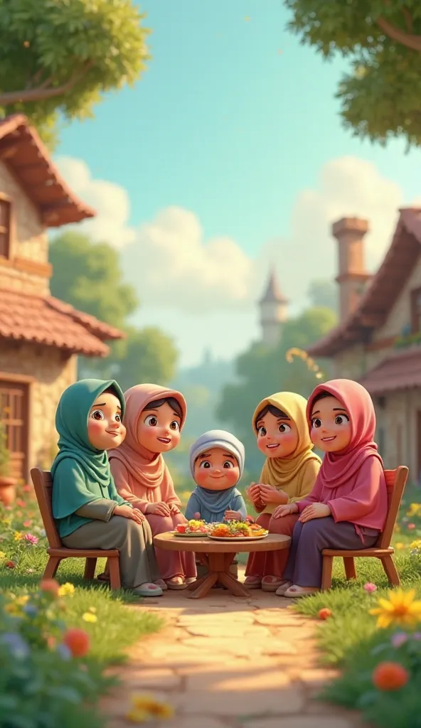 Some Muslim people are sitting, in a beautiful village, and everyone looks happy, 3D cartoon 