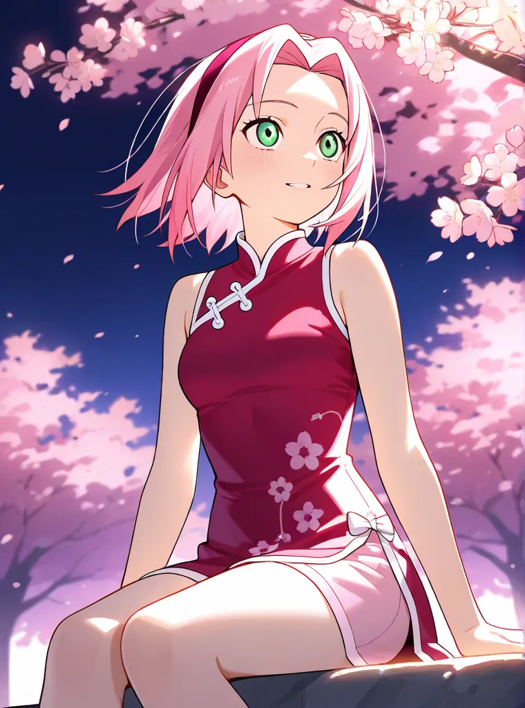 sakura haruno,  Pink Hair, Green Eyes, medium breasts, Sit looking at the stars ,  park