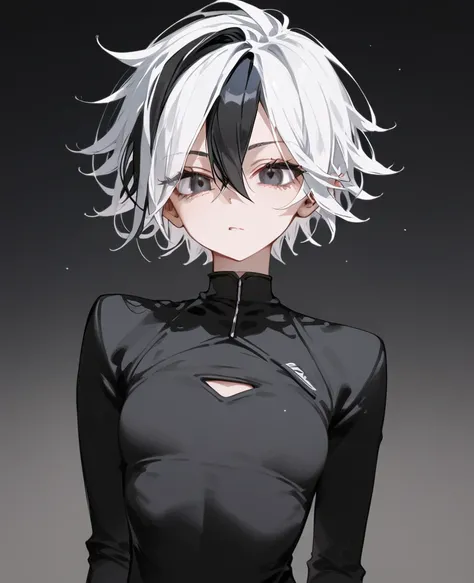 girl, multi colour hair, white hair,Black tipped hair, in black eyes, short hair , Tomboy,slim, small breasts,Pointed eyes ,Pointy hair,Cool hair Bob ,slim,Tall,Black suit,milf