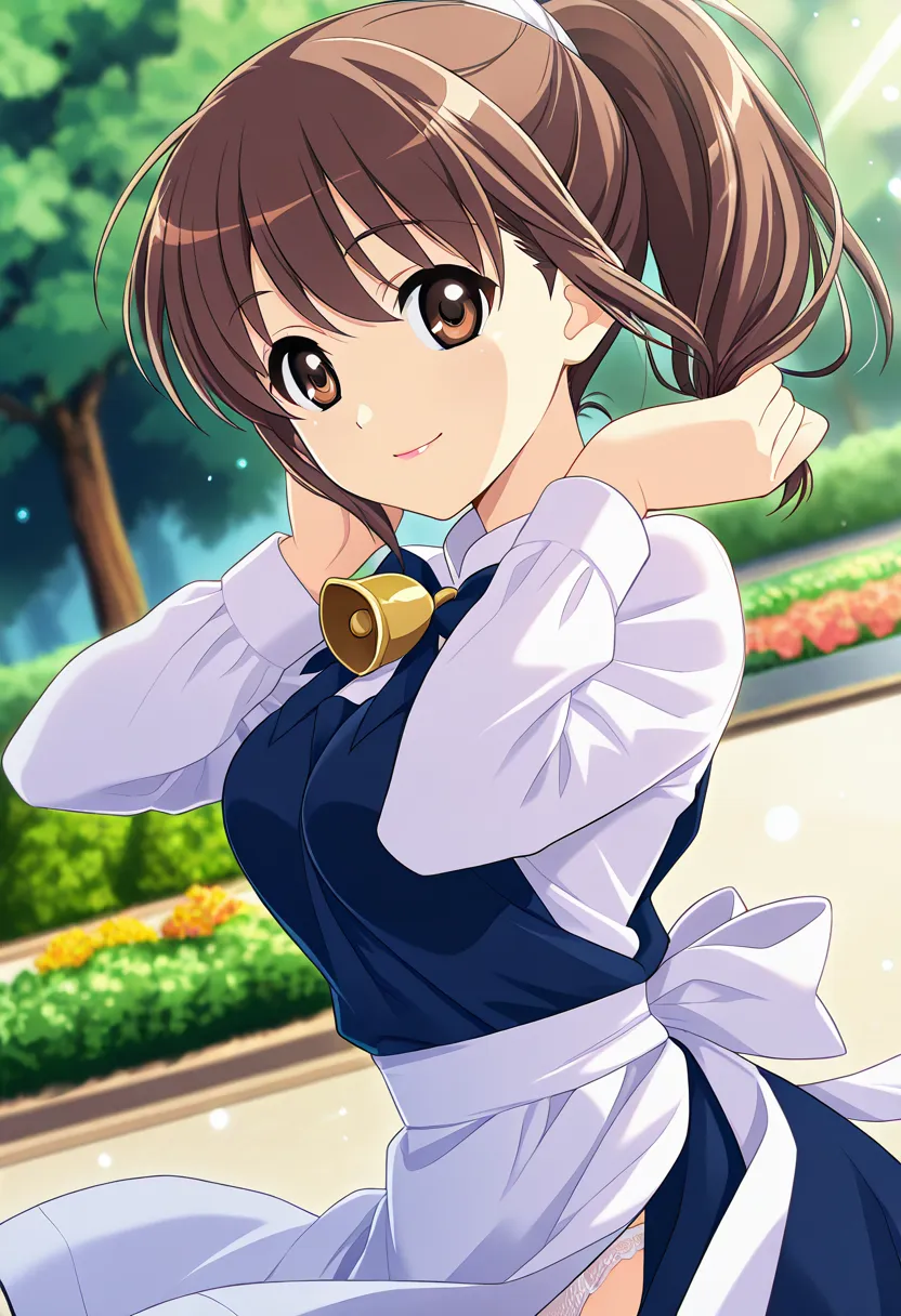 (official style:1.1), Screencaps, Blurry Background、２０age、lifts the skirt with both hands、I can see lace panties
1 girl, medium breasts, (Bell XL:1.1), bow, brown hair, brown eyes, blue dress, apron, white shirt,  Long Sleeve, ponytail, lipstick, 
light sm...