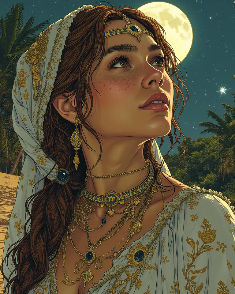 a hyper-realistic, Don Lawrence-inspired illustration: A 24yo woman with chestnut hair, sapphire eyes, and a snow-white hijab embroidered with celestial motifs. Adorned in ancient jewelry—lapis/carnelian/moonstone bead choker, gold astrolabe cuffs, platinu...