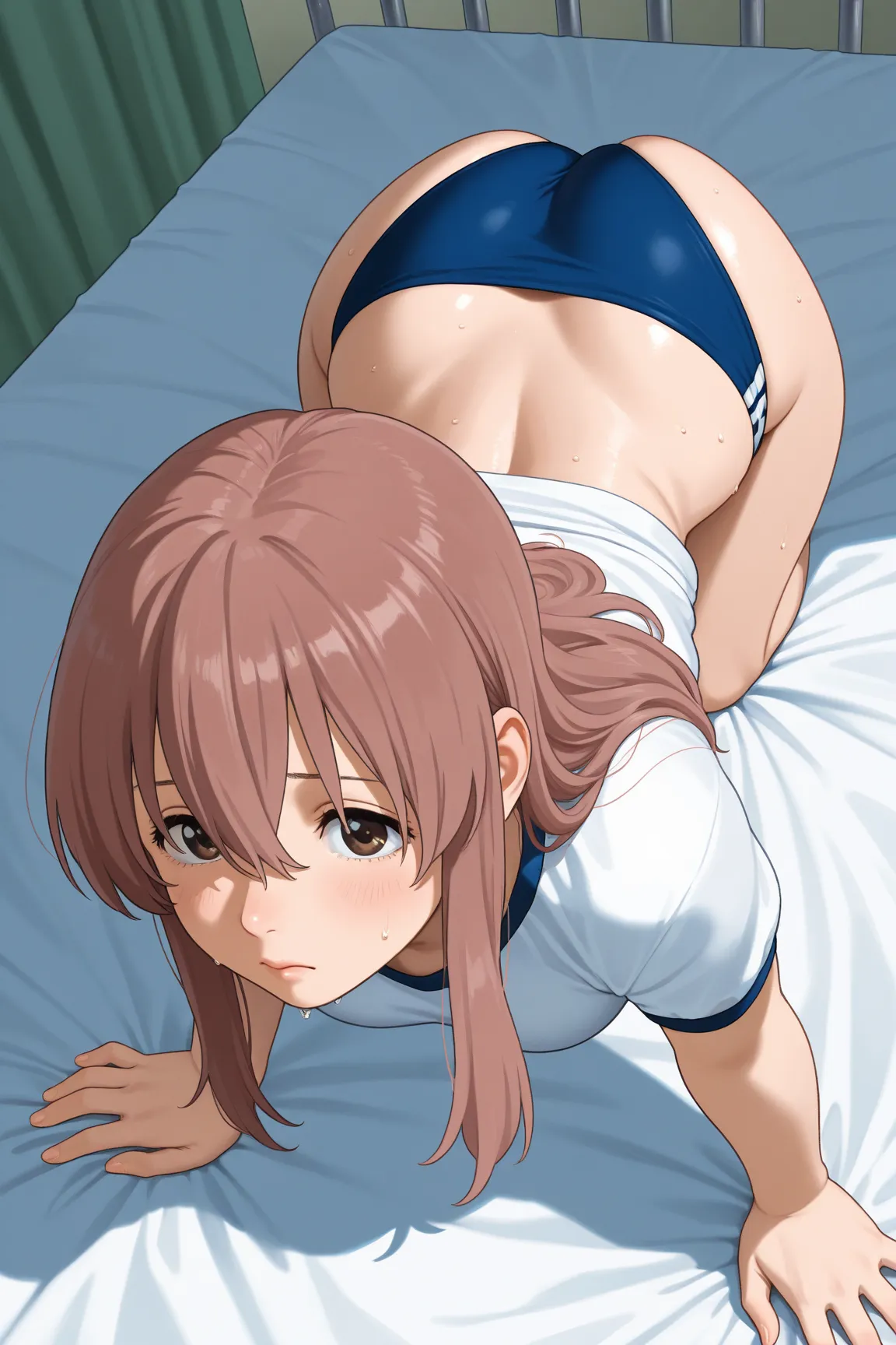 1girl, all fours, arched back, (from above), ass focus, profile, 
BREAK girl, nishimiya shouko, koe no katachi, 18yo, long hair, brown hair, bangs between eyes, tareme, brown eyes, (large breasts:0.8), 
beautiful eyes, cute face, 
white gym shirt, lowleg b...