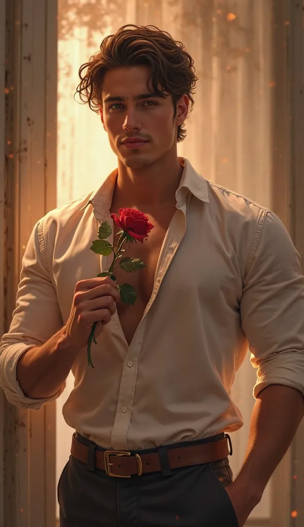 "A stylish and charismatic young man holding a rose in his hand with a smile. Wearing an elegant unbuttoned, shirt that emphasizes his athletic physique. warm, , he creates an atmosphere of comfort and tenderness."