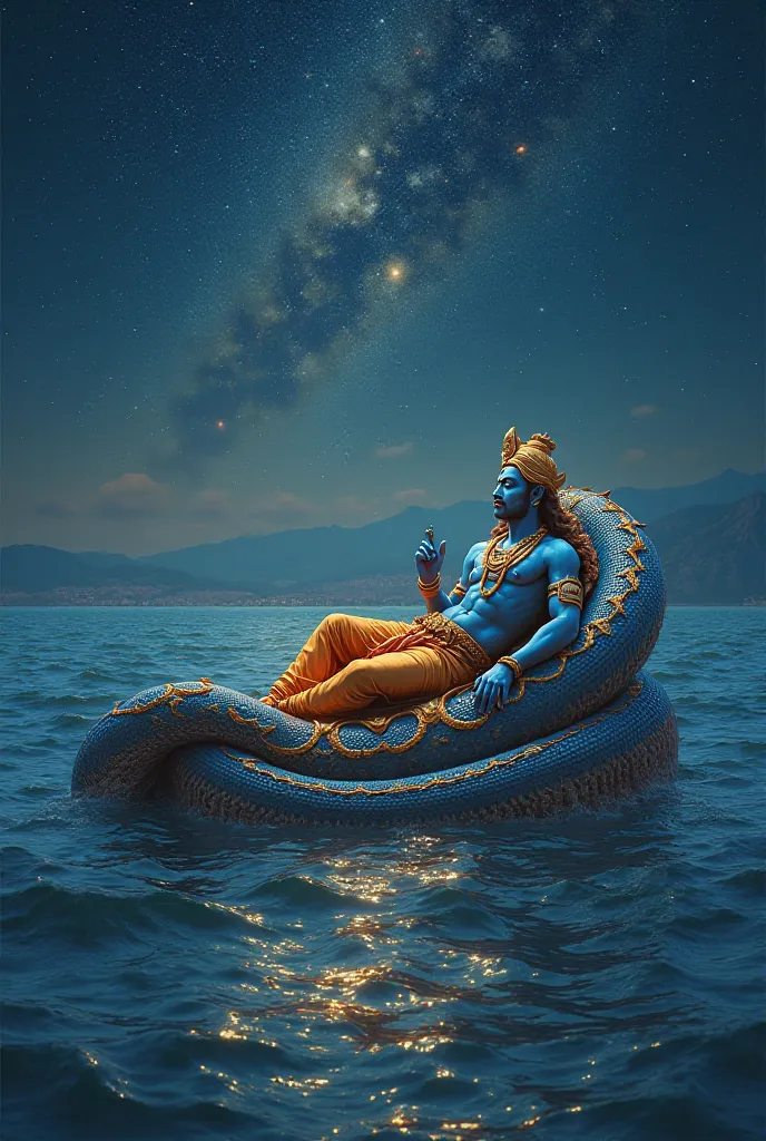 majestic and serene scene of Lord Vishnu resting peacefully on the cosmic ocean. His divine, deep blue figure lies gracefully on the coiled body of Sheshnag, the seven-headed serpent. Sheshnag's massive hoods are spread wide, forming a protective canopy ov...