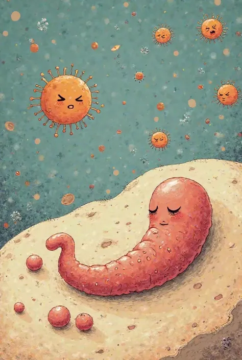 A Tiny Figures-style illustration of a small, tired, or sleeping pancreas, no longer releasing insulin balls. In the background, hungry cells look frustrated as floating glucose molecules remain outside, unable to enter. The scene is simple and visually ex...