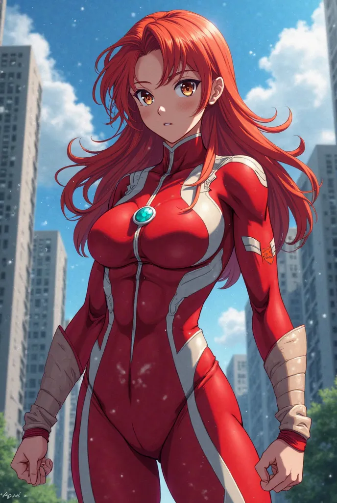  My Hero Academia Style , Anime girl, female, young female,muscular female,Full Body Shot,(fighting Pose:2),Long hair, Red Hair,  Brown Eyes,Hero Suit, Full Body Suit, red suit with white details,small round blue jewel in the center of the chest, perfect a...