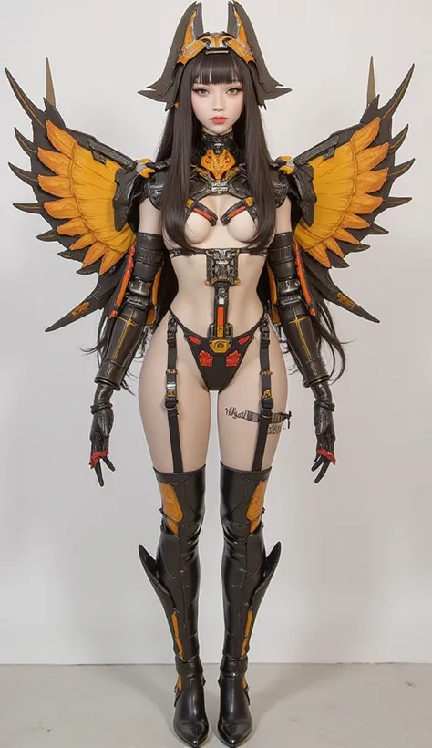  Female model with large wings 、Close-up view of a ,    girl, female lock, Girl in cybernetic armor Mecha ,Aoshima Chiho color scheme  ,  Angular Winged Armor  , sharp details,   Mecha action figure  ,  by maciej kuciara ,  There is a house made of sushi r...