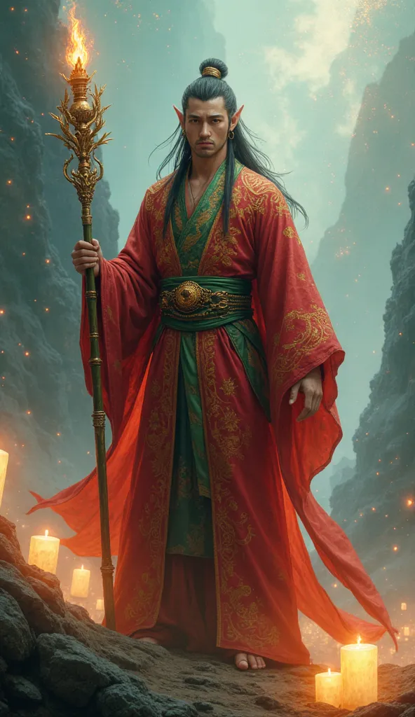 "A hyper realistic celestial male elf, his emerald-red robes embroidered with golden dragon patterns, flowing like water. His long, dark hair is tied into an elaborate warrior’s knot, and his wise, glowing amber eyes hold the secrets of the universe. He wi...