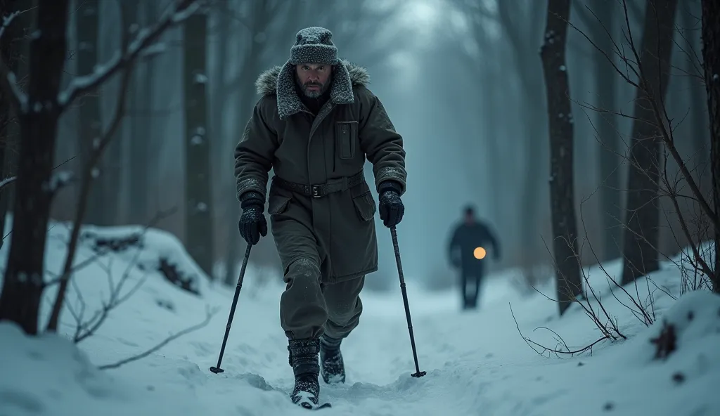  An experienced Soviet skier on a winter hike at close range from the camera. The photo shows a creepy dark forest, eyes in the forest. 