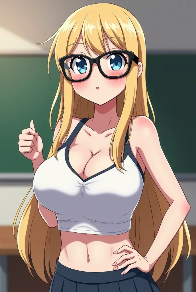 ((gigantic breasts)), (confident smug blush), (((oversized cat-eye glasses))), slim anime blonde with cat-eye glasses and massive breasts, classroom, sports bra, skirt, blue eyes