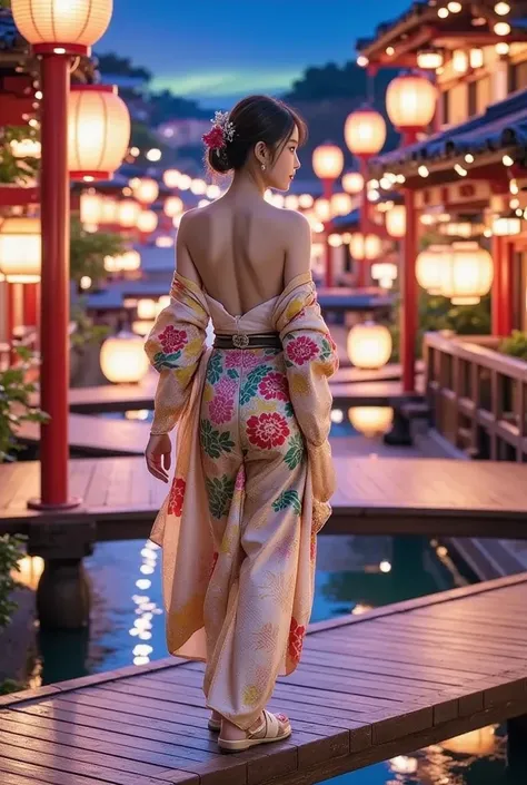 A side view of Erika as she walks along a wooden bridge over a softly glowing cybernetic koi pond. The traditional red torii gates rise in the distance, their surfaces shimmering with digital inscriptions of ancient poetry. The last traces of neon lanterns...