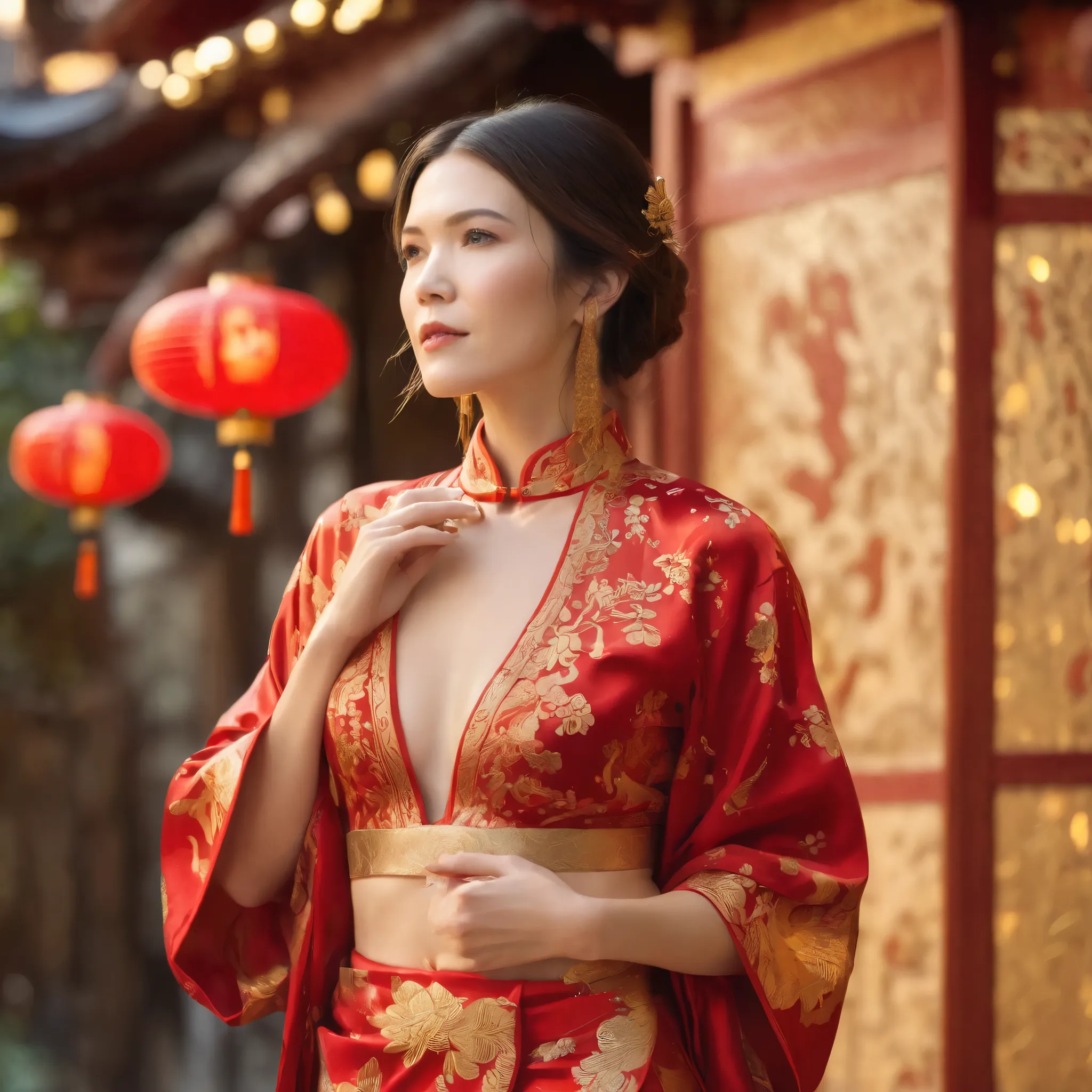 best quality, highres, 8k, masterpiece, photography, detailed midbody photorealistic portrait. Mandy Moore is seen in Chinatown, wearing an elegant red and gold qipao-inspired lace lingerie set, featuring a high-collared lace bralette with golden embroider...