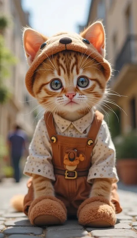 A cute young kitten with big, expressive eyes sits adorably in a charming French street setting. The kitten has a sweet and captivating expression, making it irresistibly charming. It wears a beautiful and stylish squirrel-themed hat, adding to its endeari...