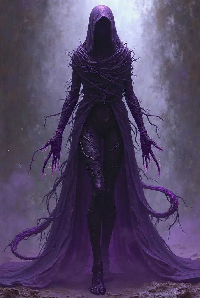 Aparência (EN): A sleek, inhumanly tall figure wrapped in an ever-shifting cloak of organic darkness, her limbs elongated and adorned with intricate, bladed appendages that gleam with a toxic purple sheen.

Extra Details (EN): She moves without a sound, ap...