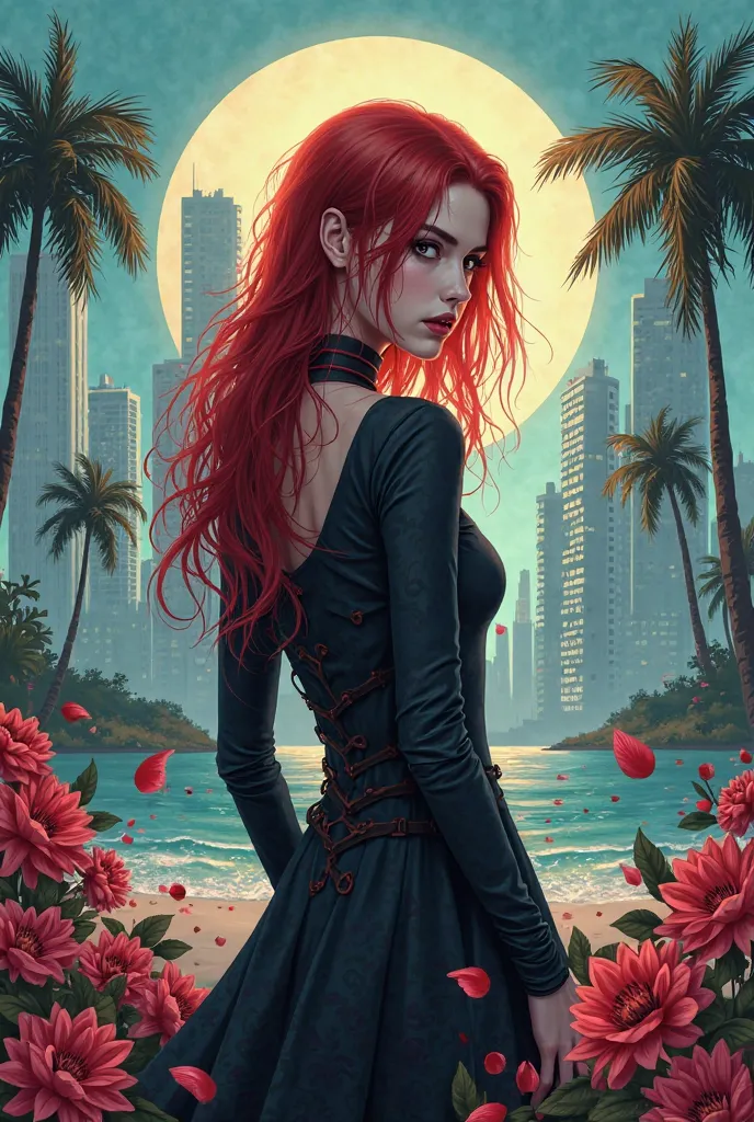 Fille gothique emo au cheveux rouge, de dos, avec Miami en fond, et une envolée de pétales de fleurs. Pour la création d'une couverture de roman 