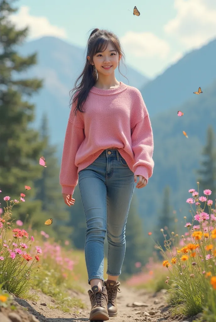 Realistic, anatomically correct, full body, front view, 1 woman, plump, Korean, dynamic, walking, free pose, 20 years old, realistic skin (1.6), smile, cute face (1.2), detailed face, detail eyes, long ponytail, unbalance bangs, smiling,  detailed clothes,...