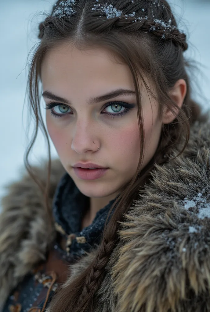 Viking warrior girl,braided hair,facing viewer,medieval corset,,heavy snow,Natalie dormer, Ethereal,Portrait,Closeup, portrait,girl posing,Closeup candid photo,Hailee steinfeld  and Maddison beer ,,Closeup,Young ,Voluptuous,,Youthful , ,Skinny,luxurious,Sm...