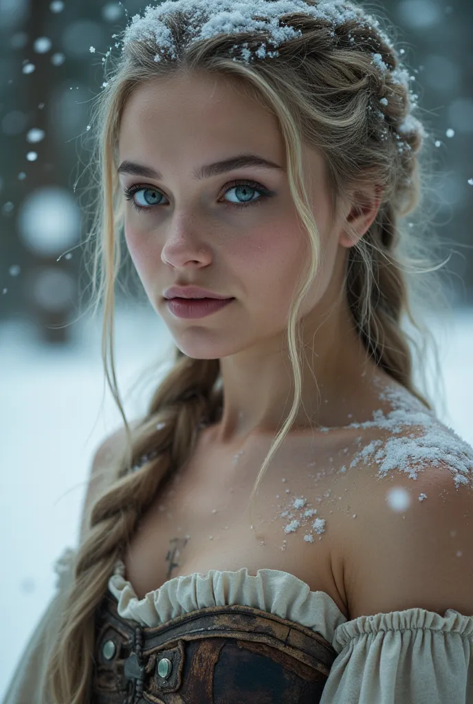 Viking warrior girl,braided hair,facing viewer,medieval corset,,heavy snow,Natalie dormer, Ethereal,Portrait,Closeup, portrait,girl posing,Closeup candid photo,Hailee steinfeld  and Maddison beer ,,Closeup,Young ,Voluptuous,,Youthful , ,Skinny,luxurious,Sm...