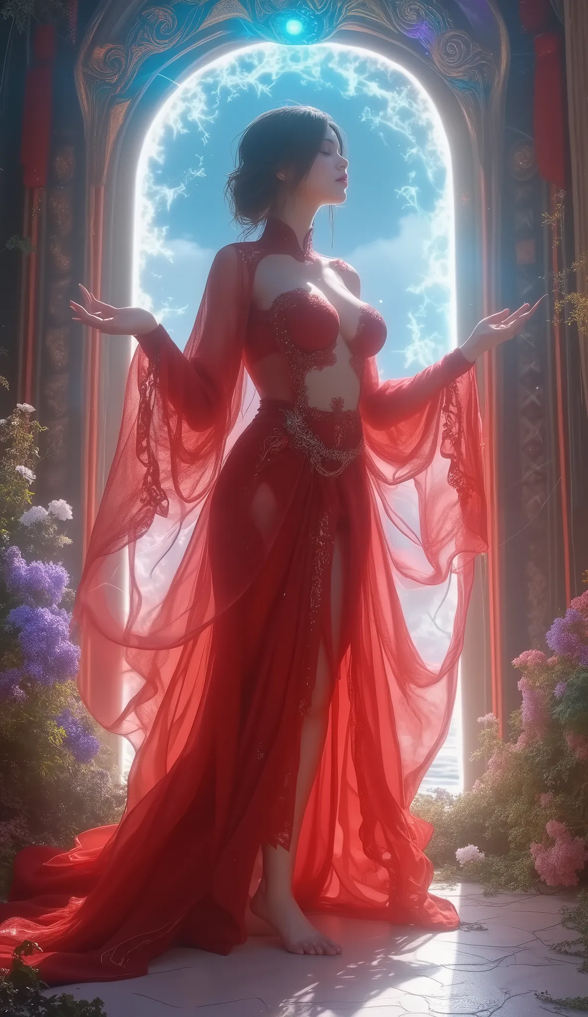 A Glowing Portal, Greatest Masterpiece、Top Quality、8k, a solo lady wearing transparent red Ao dai, , (( well-defined big breasts, Deep cleavage 、))、(((Dance with A Glowing Portal in the background))), (((full body shot)))、 、、 fantastic sky 、fantasy world