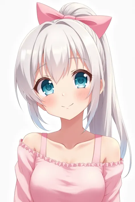 Profile picture,anime girl, white fluffy bang, ponytail pink bow ,light pink clothes,ocean blue large eyes,smiling at camera.