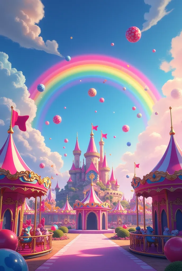 You will prepare a funfair poster. Let it be like a movie poster. A funfair that appeals to ren. Rainbow, carousels, toys. Pink, blue, purple colors are the main theme. There should be a castle. There should be candies. Create it like a movie poster interl...