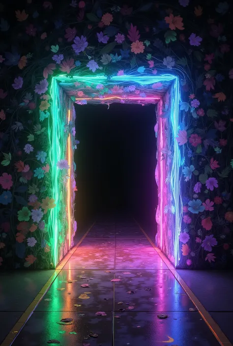 (Illumination glow line art, sharp line illumination), ((dynamic shot), ((A beautiful illumination Portal without substance, drawn with the lines of a multicolored light-emitting diode), Maximize transparency, clean line illumination, clear green line illu...