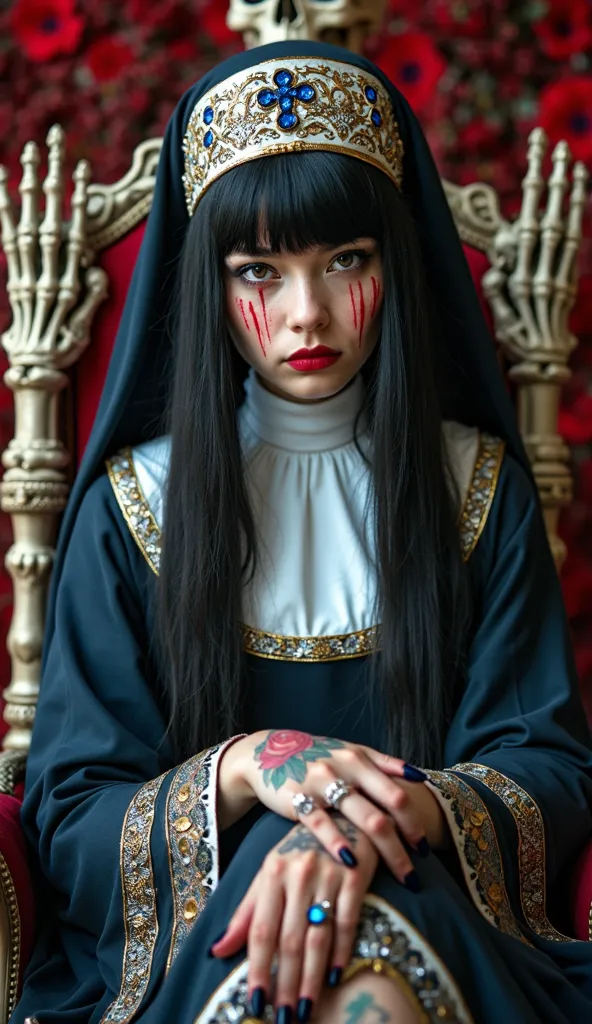 This image features a woman with a calm and mystical expression, wearing magnificent gold-beaded blue clothes, as well as sapphire jewelry on his ears and fingers. He sits on a throne decorated with skulls and bones, against a striking red background fille...