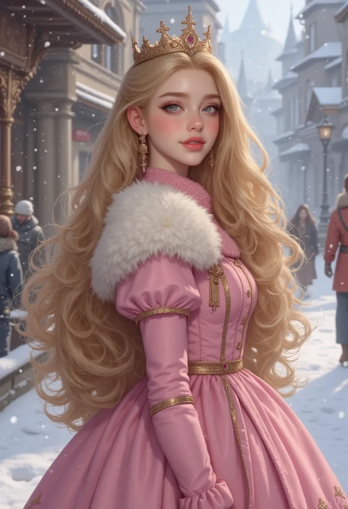 high profile, ภาพประกอบดิจิทัลของหญิงสาวในชุดเจ้าหญิงที่cute, very realistically created,  realistic photo style ,  The character is a pale white woman, , long, Huge golden yellow hair that emerged from under the pink princess dress, She has eyes, almond-s...