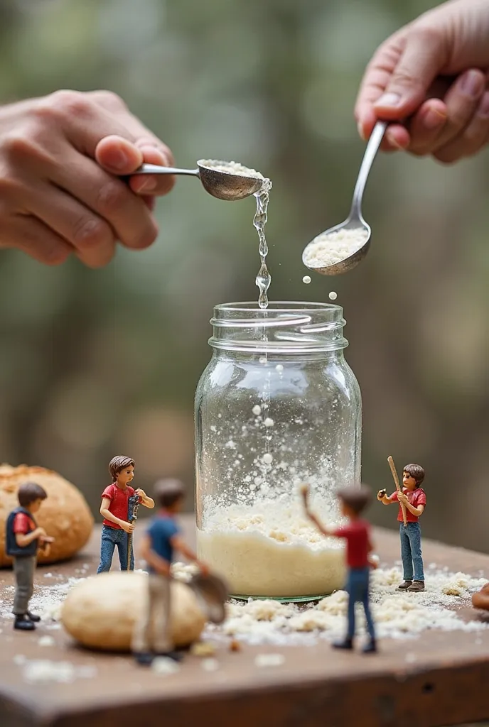  

 Preparing the Sourdough Starter

"A group of tiny figures is working in a miniature laboratory to create a sourdough starter. Some are pouring water into a glass jar, while others mix flour and water with oversized spoons. The scene looks like a scienc...