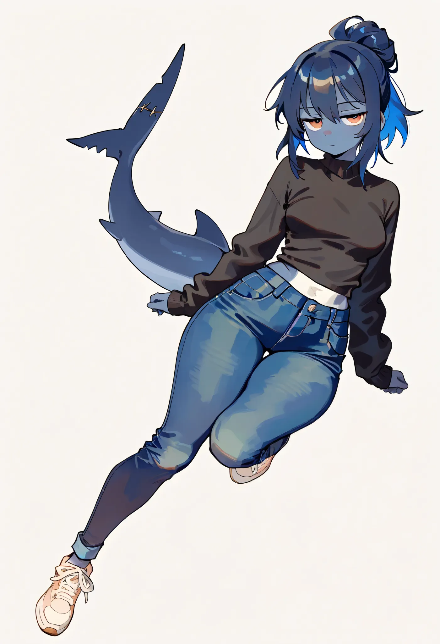 1 anthro shark girl, full body,  petite body, front shot, dark blue skin, short, jitome, curvy, dynamic pose, jeans, black sweater,