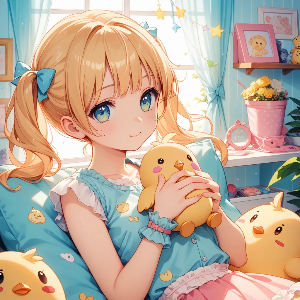  1girl 、plastic model、Yellow Hair、Chick Stuffed Animal、twin tails