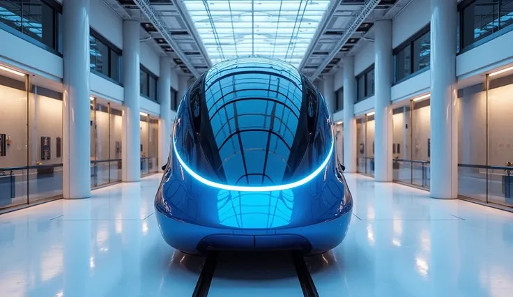 "A high-definition, shining, and beautiful showroom featuring a sleek blue Rutherford train in a front view. The train has a modern, polished design with reflective surfaces, bright lighting, and a futuristic ambiance. The showroom is spacious, with glass ...