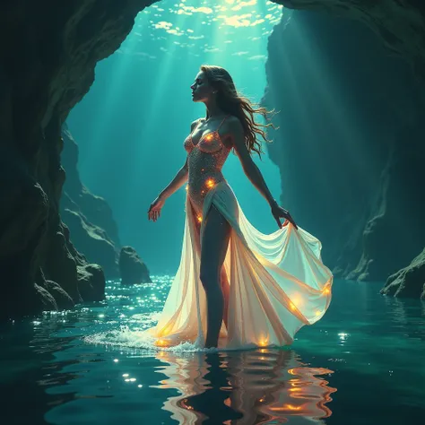 (photorealism:1.2), a woman standing in the heart of a glowing ocean, her skin shimmering with prismatic reflections, her eyes glowing like underwater gems, her hair flowing like liquid rainbows, her figure draped in a sheer, glowing gown made of water and...