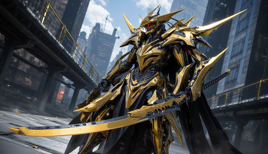   Arafed image of a robot with a sword in the city, from  Arknights,  Guilty Gear Live Splash Art,  Gold Paladin , Duelist Style, epic paladin armor,  Arknights,  heavy armor and sword ,  Cool Mecha Style ,  Krenz Coushart and Wenjun Lin,  8k high definiti...