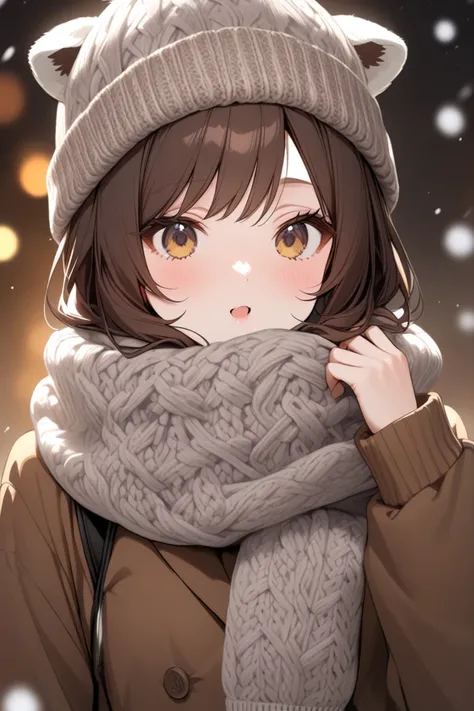 Dark brown hair　Tiger ears　it's snowing　muffler　Knitted hat