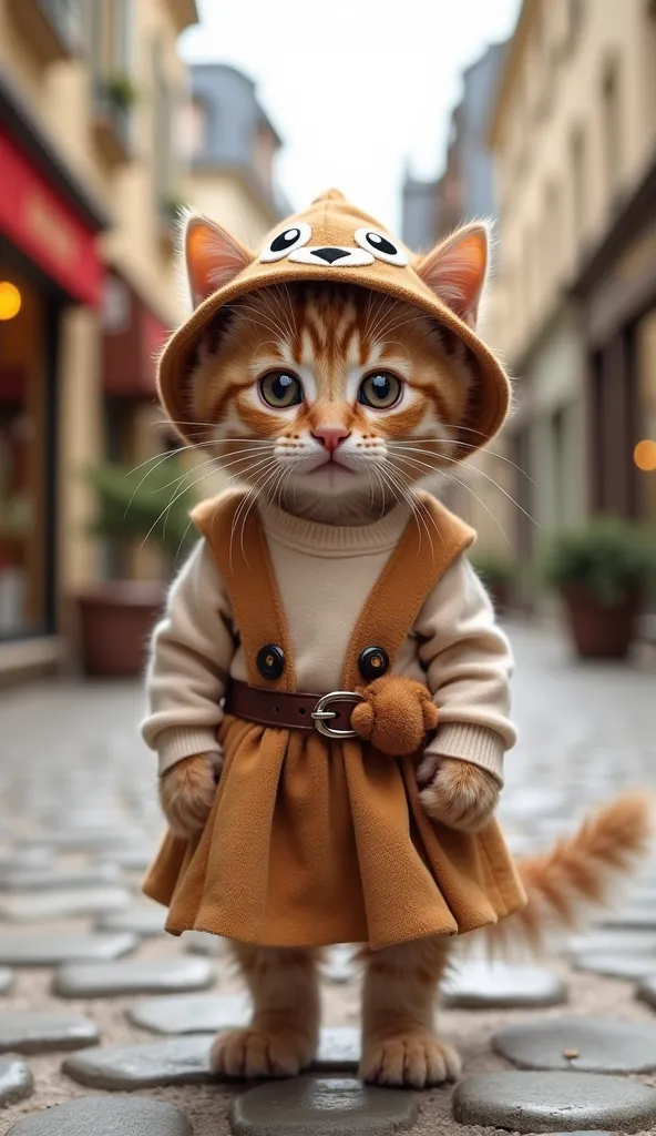 A cute young kitten with big, expressive eyes stands adorably in a charming French street setting, looking directly at the viewer. The kitten wears a cute squirrel-themed hat, adding to its endearing appeal. It is dressed in a stylish and adorable shirt pa...